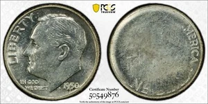 1950 P Dimes Roosevelt PCGS MS-64 Struck-Through Reverse Mint Error - Picture 1 of 1