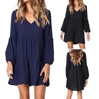 Fashion Women Solid Lantern Long Sleeve V-Neck Draped Knee-Length Black Dress