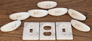 Lot of Vintage Porcelain Pink Floral Outlet Switch Covers & 7 Drawer Handles - Picture 1 of 8