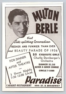 Anuncio impreso de restaurante cabaret Milton Berle Paradise de la década de 1930 de la ciudad de Nueva York de 2,75" x 4" - Imagen 1 de 2