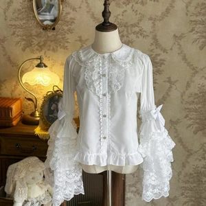 Ruffles Lady Girl Lolita Blouse Tops Shirts Lace Tiered Flare Sleeve Fairy White - Picture 1 of 12