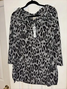 Nuevo con etiquetas Chico’s Zenergy 1 = M Gris Negro Animal Leopardo Suéter Top Capucha Cuello Túnica - Imagen 1 de 12