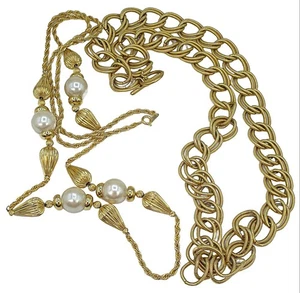 2 STCK. VINTAGE HALSKETTE SCHMUCK KONVOLUT GOLDFARBEN 28 ZOLL DOPPELGLIED 36 ZOLL GROSSE KUNSTPERLEN - Bild 1 von 5