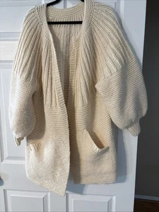 Super Chunky Hand Knitted Vintage Cream Heavy Boho Cardigan Sweater Coat - Picture 1 of 10