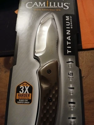 Cuchillo de hoja fija Camillus Titanium Drop Point Hunter 4" con funda Foto 1 de 3