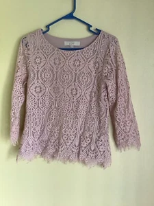 LOFT Long Sleeve Pink Lace Overlay Scoop Neck Fringe Pullover Blouse Top Sz XS - Picture 1 of 4