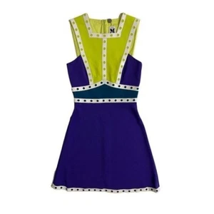 M Missoni Mini Skater Dress Neon Yellow Purple Leather Trim 36 IT 2 US NWT - Picture 1 of 12