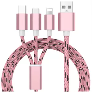 3 in 1 Fast Charging Cables Nylon Cord Cable For iPhone Type-C Android USB ⁿ - Picture 1 of 23