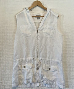 Kenar Shirt Woman’s L White Cover Up Tunic Hooded Sleeveless Zipper 100% Linen - Picture 1 of 13