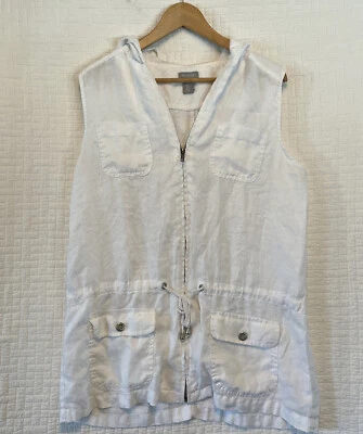 Camisa Kenar feminina L branca túnica com capuz sem mangas zíper 100% linho - Imagem 1 de 4