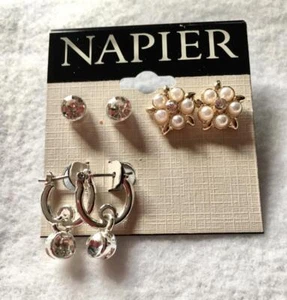 New on Card 3 pair NAPIER Rhinestone & Pearl Pierced Earrings #28-6 - Imagen 1 de 3