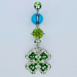 CLOVER Dangle Belly Button Ring St. Patricks Day Shamrock Navel Jewelry (C29) - Picture 1 of 1