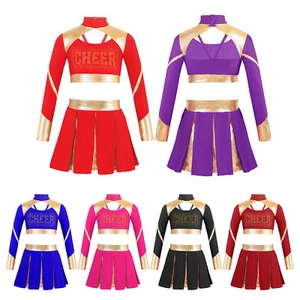 Kids Girls Dance Outfits Letter Print Crop Top Contrast Color Cheerleading Set - Picture 1 of 49