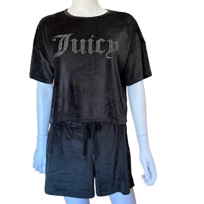 Juicy Couture Womens Black Soft Velour Sleepwear Top & Short Set 2pc Size Medium - Image 1 of 4