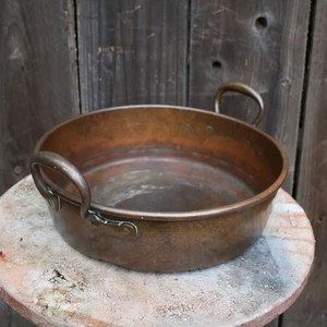 Antique Large Rolled Edge Riveted Two Handle Copper Shallow Bowl Sink Basin - Picture 1 of 7