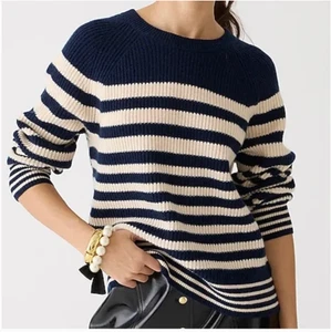 J.CREW Ribbed Cashmere Oversized Crewneck Sweater XS Navy Cream Striped BS983 - Picture 1 of 16