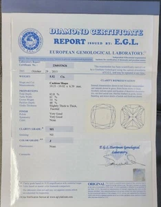 EGL Certificate 5.52ct Cushion Shape Ideal Cut Loose Diamond J Color SI1 Clarity - Picture 1 of 2