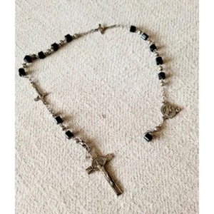 Rosary with Pectoral Silvertone Crucifix and Black Beading - Picture 1 of 4