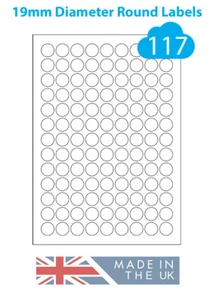 19mm Round Labels, 117 White Labels On A4 Sheet, Laser Inkjet Printer Stickers - Picture 1 of 1