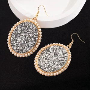 Women's Silver Glitter Sequins Faux Pearls Beads Oval Dangle Earrings - Picture 1 of 3