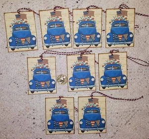 9~Primitive~4th Of July~Patriotic~Blue Truck~Linen Cardstock~Gift~Hang~Tags - Picture 1 of 1