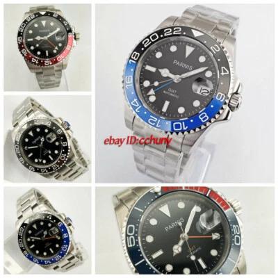 Reloj de pulsera 40 mm PARNIS esfera negra bisel cristal zafiro GMT fecha automático para hombre Foto 1 de 4