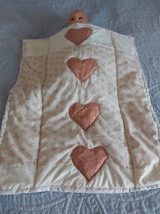 New Baby pram quilt, dark beige with pink flora 4 red/gold, hearts, patchwork, - Picture 1 of 6