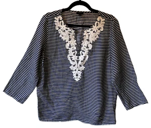 Talbots Top Size M Womens Blue White Stripe Embellished Beads Linen 3/4 Sleeve - Picture 1 of 9