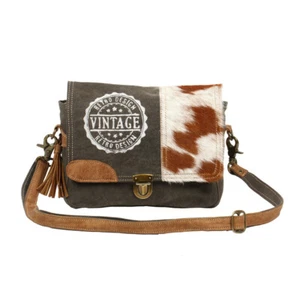 Vintage Stamp Upcycled Canvas & Cowhide Leather Messenger Bag-Back Zip Pocket - Picture 1 of 5