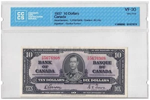 1937 $10 Dollars The Bank of Canada REPLACEMENT CCCS Graded VF-30 - Picture 1 of 2