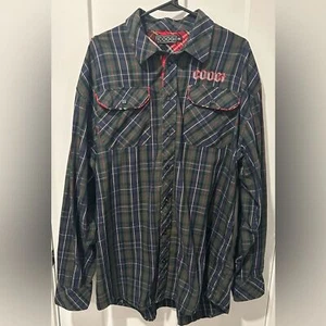 Coogi XXL Plaid Button Down Shirt Patches Military Embroidered Utility Y2K 90s - Picture 1 of 10