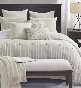 FARMHOUSE IVORY 10pc King DUVET COMFORTER SET : BEIGE CLIPPED JACQUARD COTTON - Picture 1 of 11