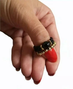 Handmade Beaded Stretch Elastic Stacking Finger Thumb Rings set of 2 Black/gold - Picture 1 of 9