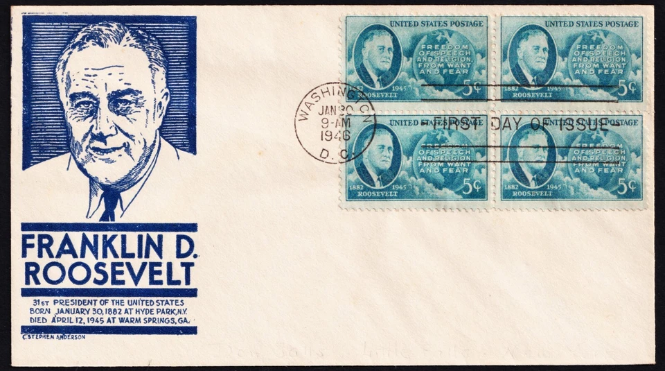 US 1946 F. D. Roosevelt (933) . First Day Cover BLOCK . Anderson Cachet - Image 1 of 1