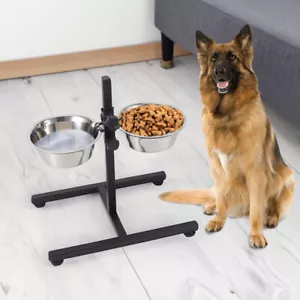 RAISED ADJUSTABLE DOG FEEDING STAND WITH 2 STAINLESS STEEL PET BOWLS FOOD WATER - Picture 1 of 12
