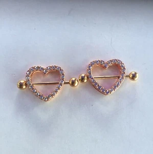 2x Gold Heart Double Layer Rhinestone Sexy Piercing Nipple Bars Body Jewellery - Picture 1 of 11