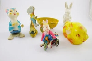 6 Vintage Easter Toy Tin Litho Hard Plastic Friction Windup Chein Lehmann Suzuki - Picture 1 of 18