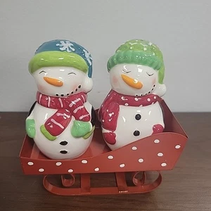Pier 1 Imports Ceramic Snowmen Metal Sled Retro Christmas Salt & Pepper Shakers - Picture 1 of 6