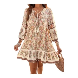 Boho Blumen Bauernkleid Größe L V-Ausschnitt mit Quaste 100% Viskose - Bild 1 von 10