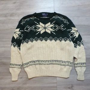 Polo Ralph Lauren Sweater Nordic Hand Knit Linen Cotton Men XL Vintage Snowflake - Picture 1 of 6