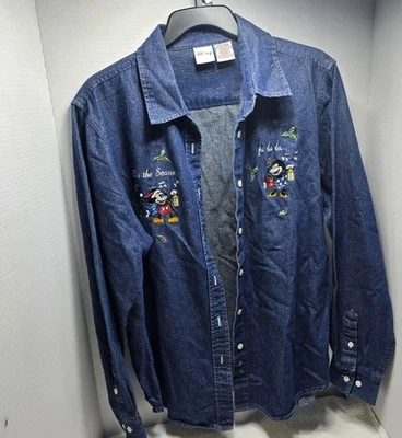 Camisa Disney Mickey Minnie Mouse Talla XL, Azul, Abotonada Bordada en L X-Mas. Foto 1 de 4