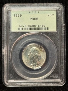 PCGS PR65 1939 Washington Silver Quarter Twenty Five Cents Uncirculated Coin - Bild 1 von 2