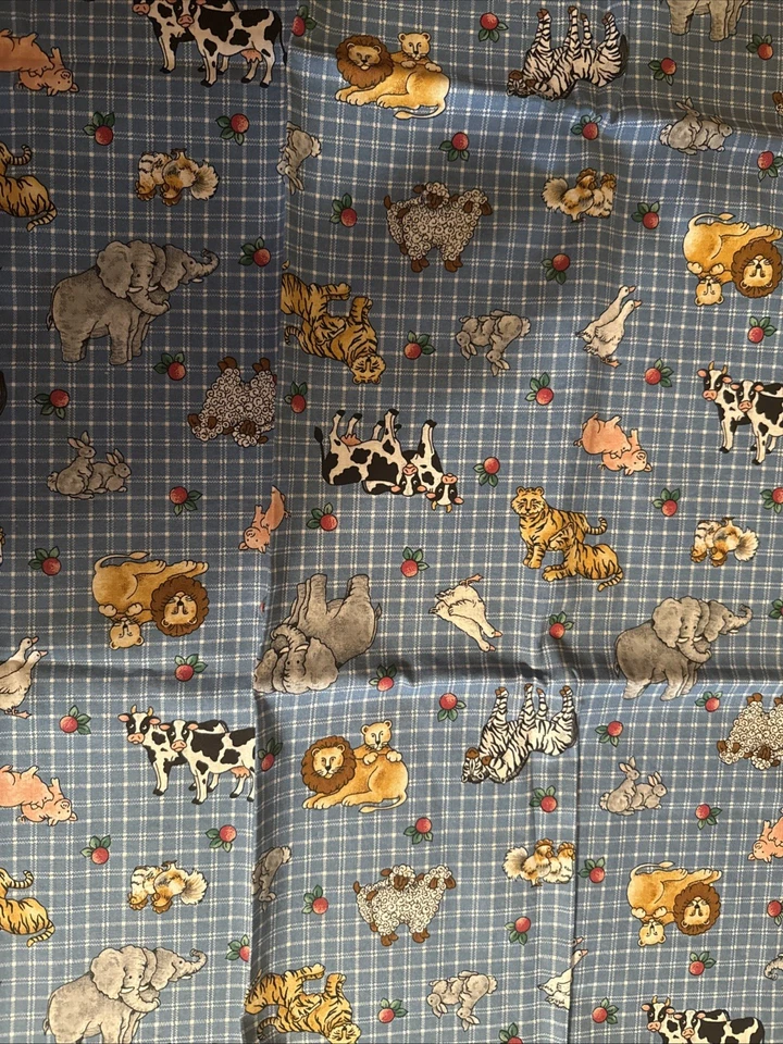 VIP Cranton Print Works Cotton Farm Animal Cows Pig Chicken Blue Plaid 29"x42" - Image 1 of 3