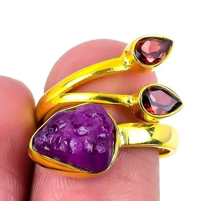 Anillo de mujer de turmalina rosa natural 925 plata maciza oro vermeil talla 8 Foto 1 de 4