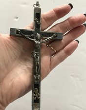 VINTAGE CRUCIFIX EBONY BRASS SKULL CROSSBONES NUN PRIEST 5'' 1/2 LONG