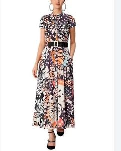 eShakti Butterfly Print Crepe Button Down Maxi Shirtdress Dress Belted M Pockets - Picture 1 of 10