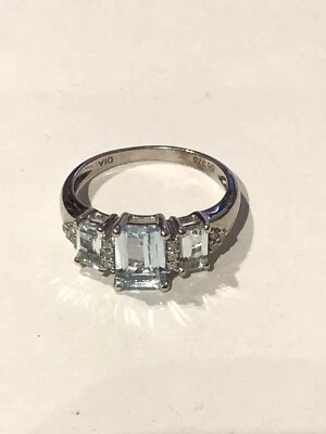 Designer SG 9ct 375 White Gold Blue Aquamarine & Diamond Ring 2.3g - Image 1 of 4