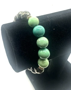 Trendy Collection Bracelet Natural Stone 8mm Elastic RopeTeal/Gold tone & Grey - Picture 1 of 4