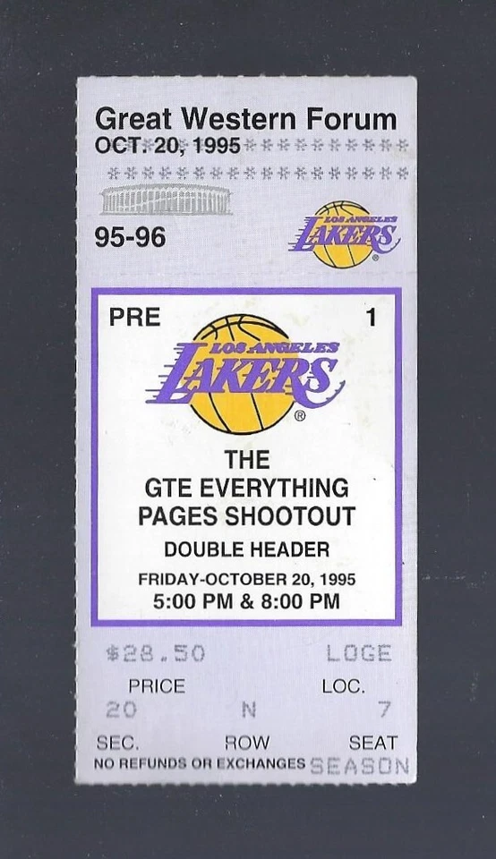 КЕВИН ГАРНЕТТ ДЕБЮТАНТ - TIMBERWOLVES @ LOS ANGELES LAKERS 1995 БИЛЕТ НБА ЗАГЛУШКА - Изображение 1 из 1