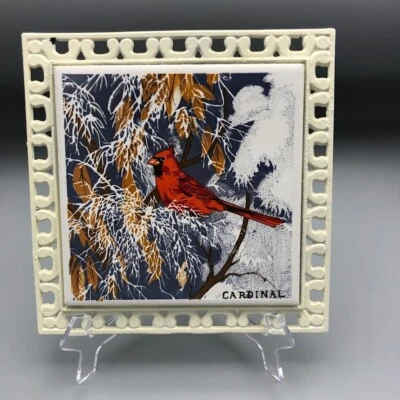 BB 6” Cardinal Tile Trivet with Wrought Iron Frame Vintage Winter Scene Foto 1 de 4